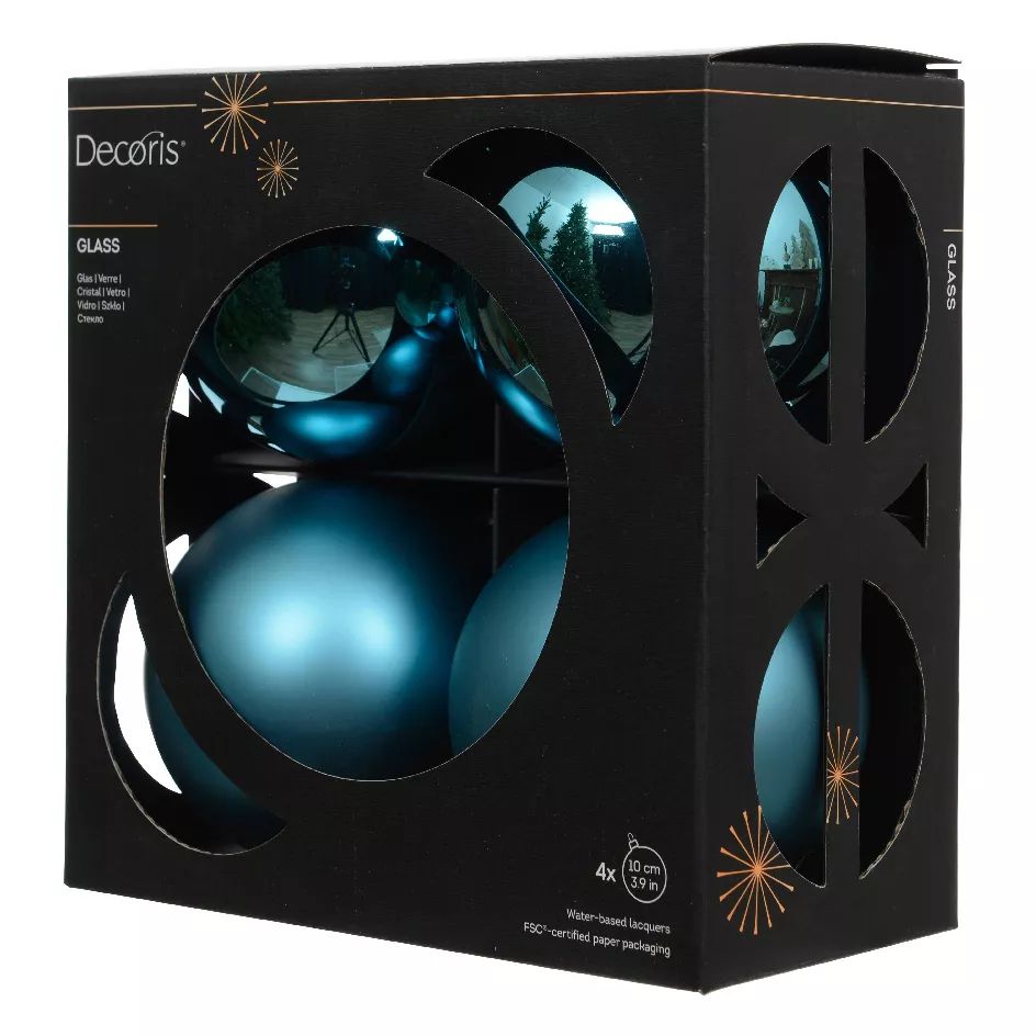 Boite a 4 Boules verre dia10cm folk blue  Boréal (EMBALLAGE 100% RECYCLE certifié fsc)