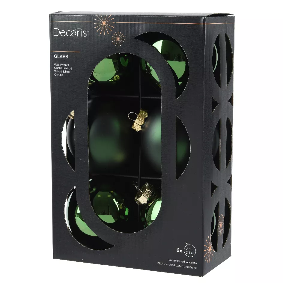Lot de 6 boules de Noël en verre (D80 mm) Boréal Vert pin