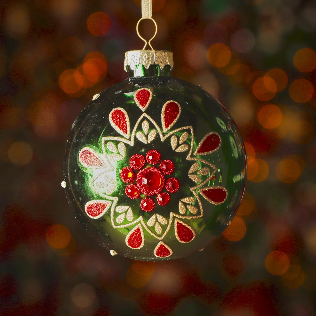 Lot de 3 boules de Noël en verre (D80 mm) Folk Flower Vert