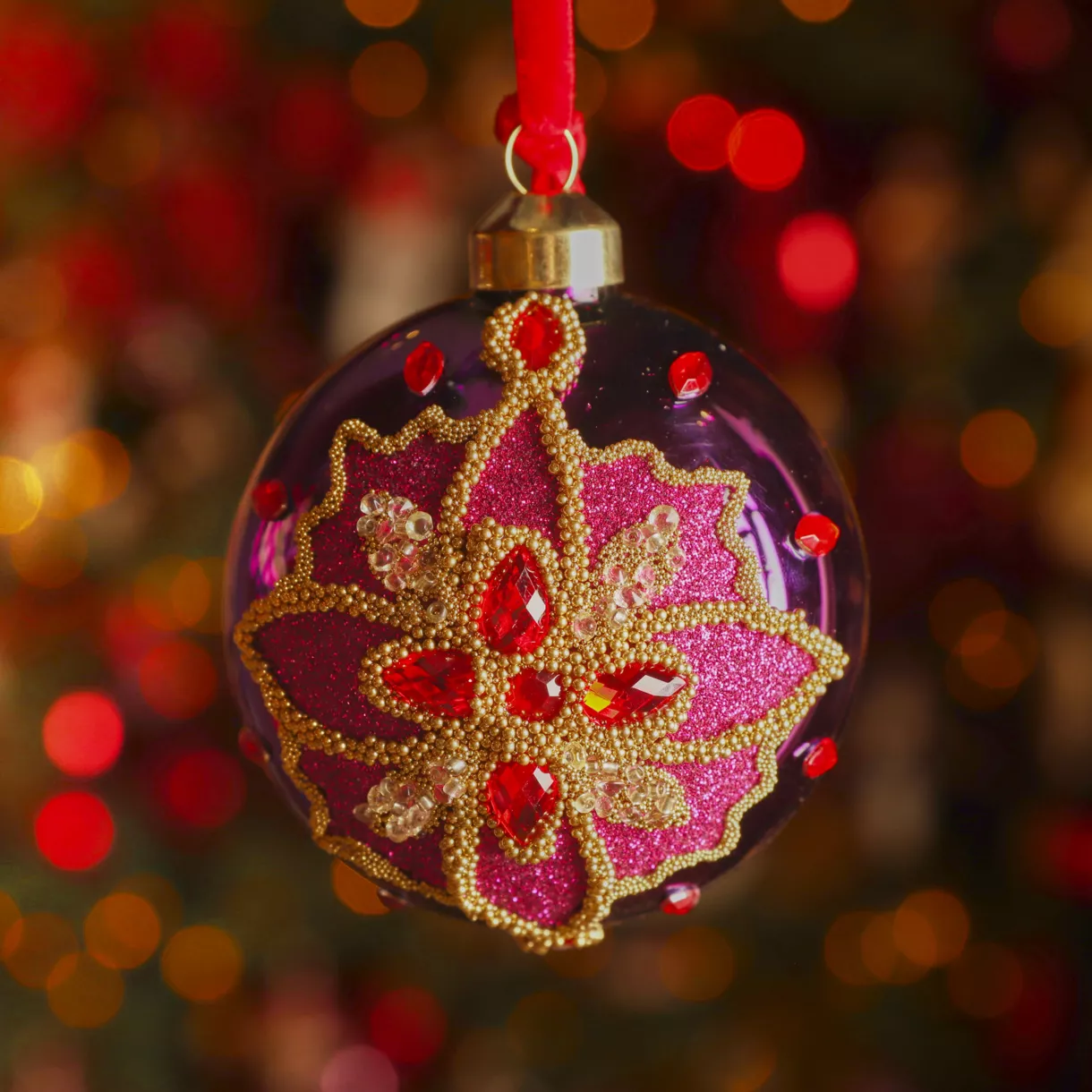 Lot de 3 Boules de Noël en verre (D80 mm) Dahlia Rouge