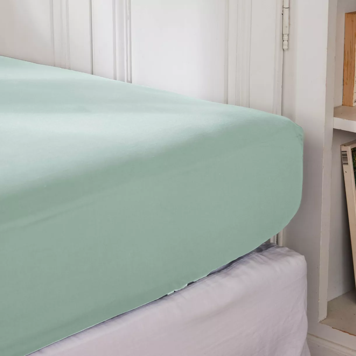 EM - Drap housse 90 x 190 cm Percale unie CALI Eucalyptus