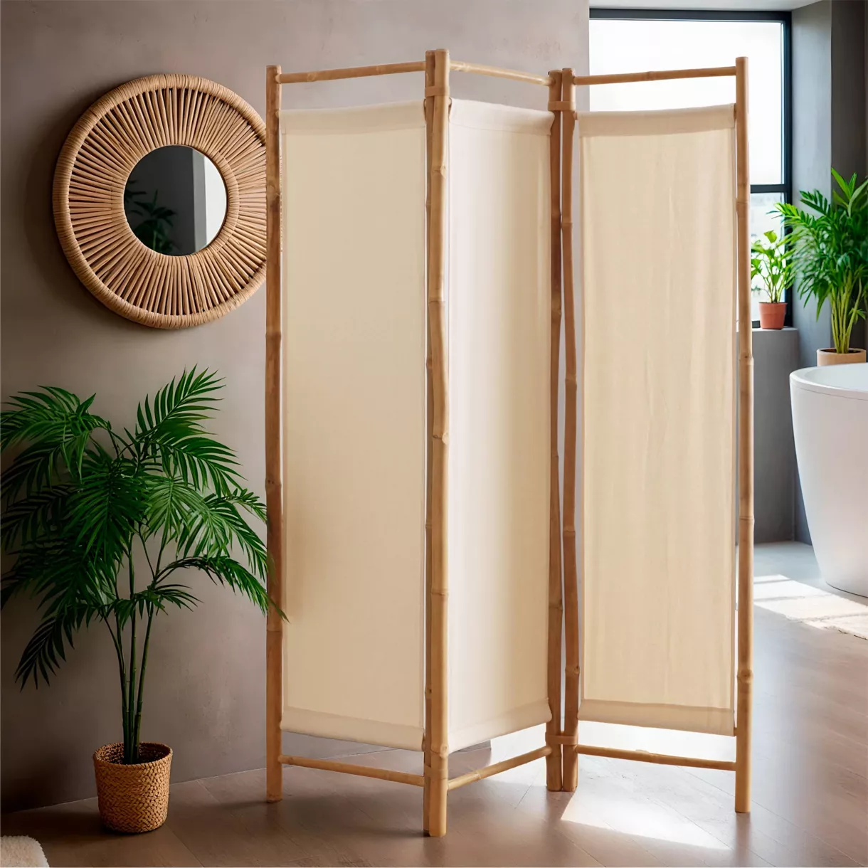 PARAVENT PLIABLE BAMBOU ET 3 PANNEAUX TISSU BLANC - HANOì L11 l135 H170