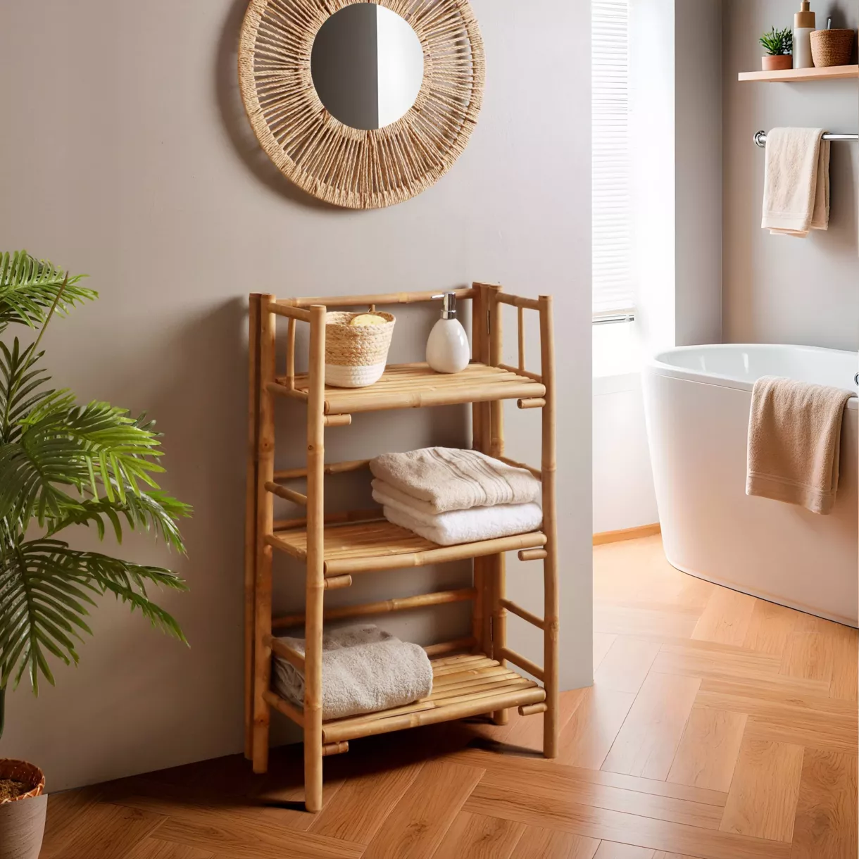 Mueble de almacenamiento plegable de bambú con 3 estantes (56 x H90 cm) Hanoi
