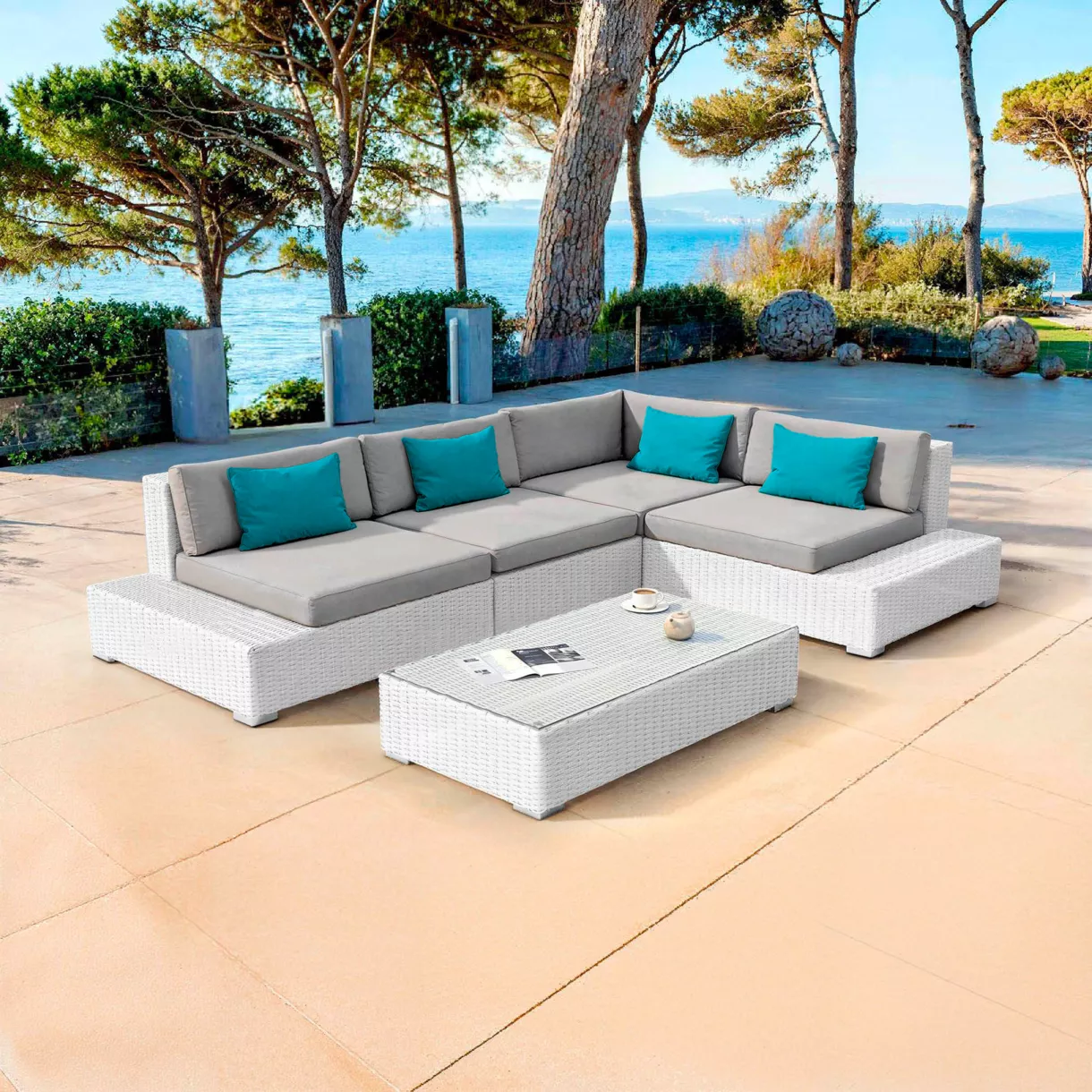 Loungeset hoekmodel van gevlochten hars 5 zitplaatsen Palma Wit en grijs