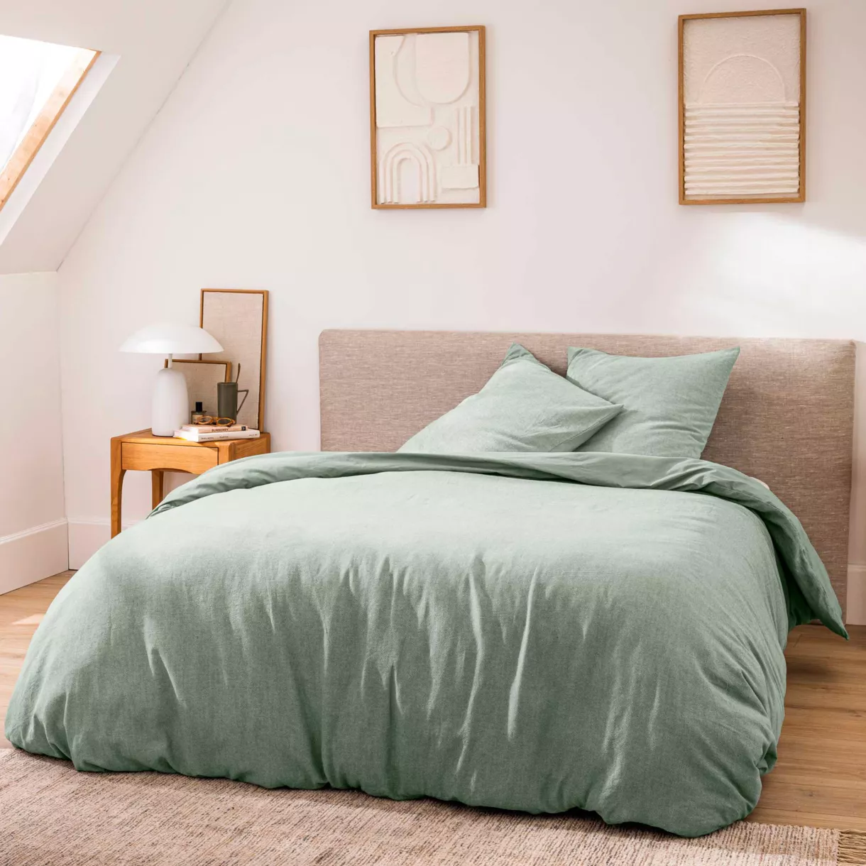 Parure 3 Pices (240 x 220 cm) Meline Sauge, 100% Coton Fils Teints