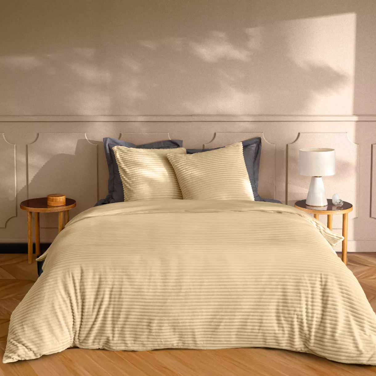 Parure 3 Pices (240 x 220 cm) Veloutea Sable, Flanelle Relief Unie