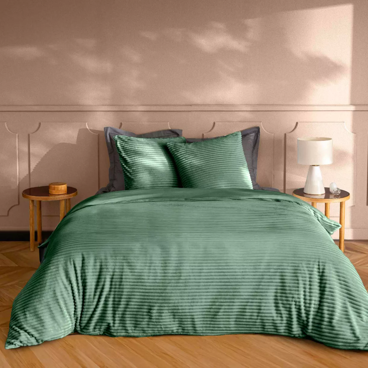 Parure 3 Pices (240 x 220 cm) Veloutea Cedre, Flanelle Relief Unie