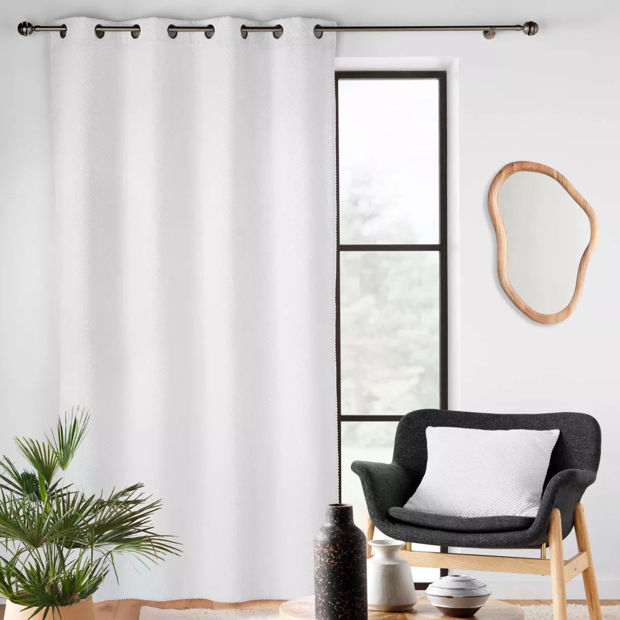 Rideau ˆ Oeillets (140 x 260 cm) Java Blanc, Flanelle Relief Unie