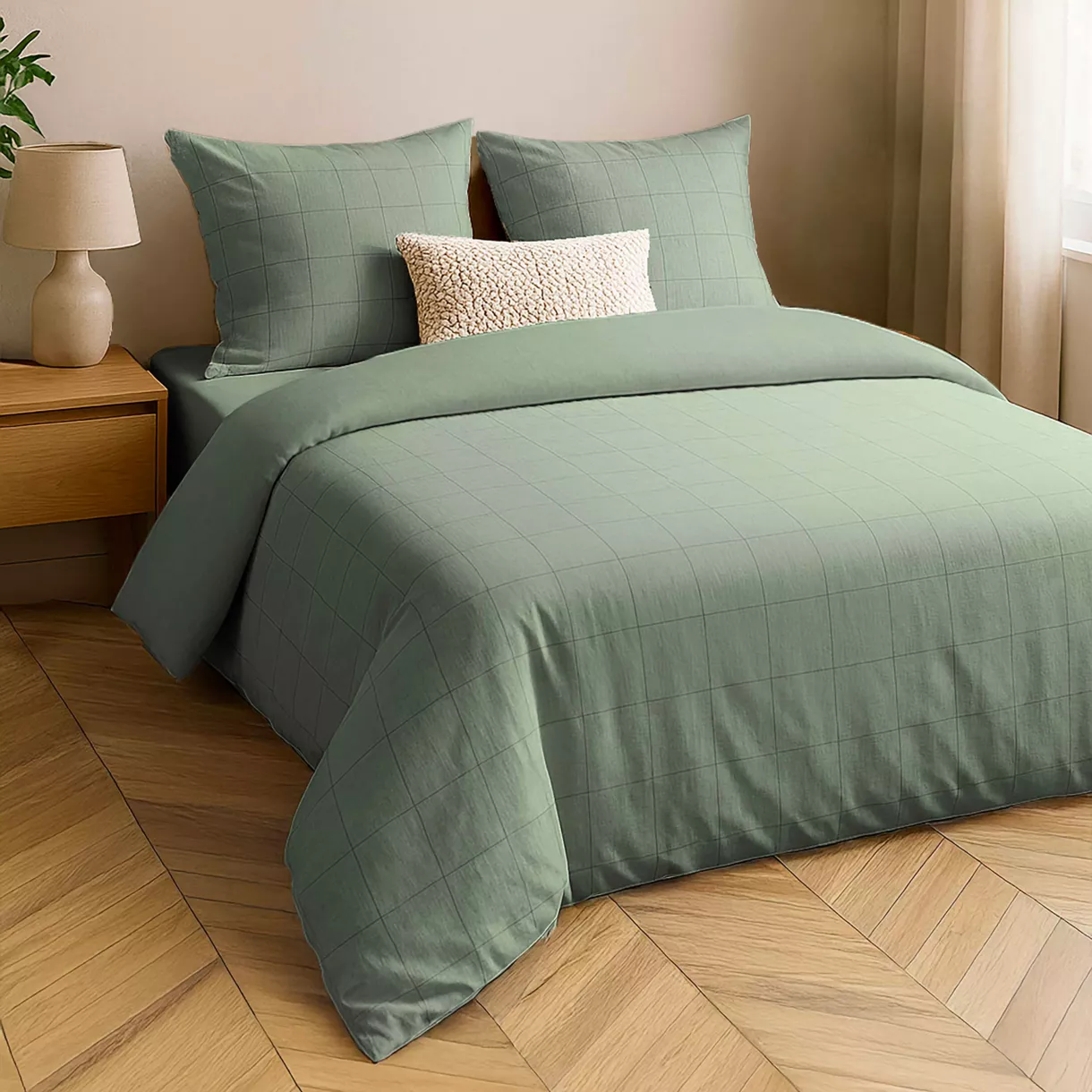 Drap Housse (140 x 190 cm) Linella Sauge, 100% Coton LavŽ