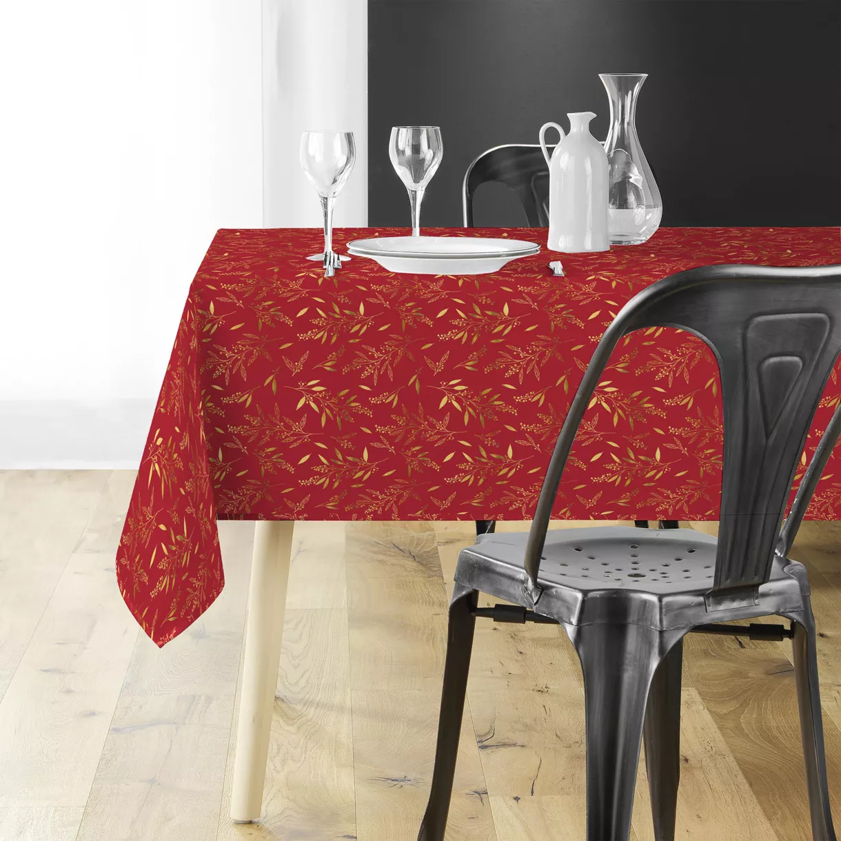 NAPPE RECTANGLE 140 x 240 CM MICROFIBRE IMPRIMEE METALLISEE NAèLLE ROUGE/OR