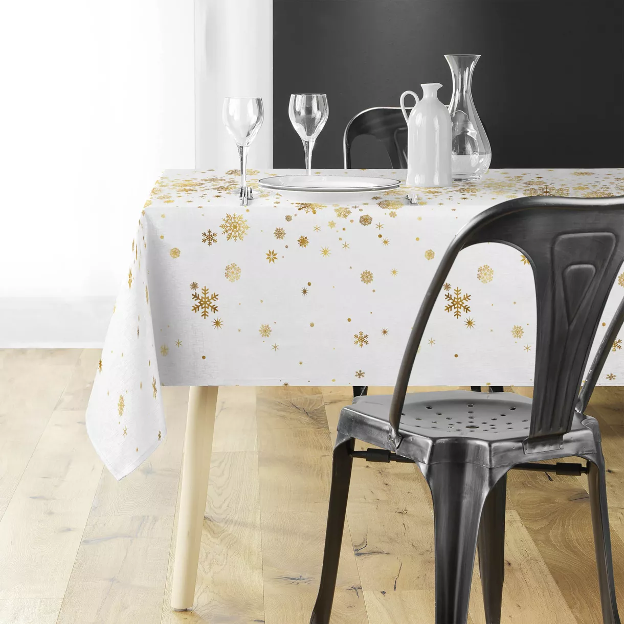 NAPPE RECTANGLE 150 x 240 CM POLYESTER IMPRIME METALLISE CONSTELLATION BLANC/OR
