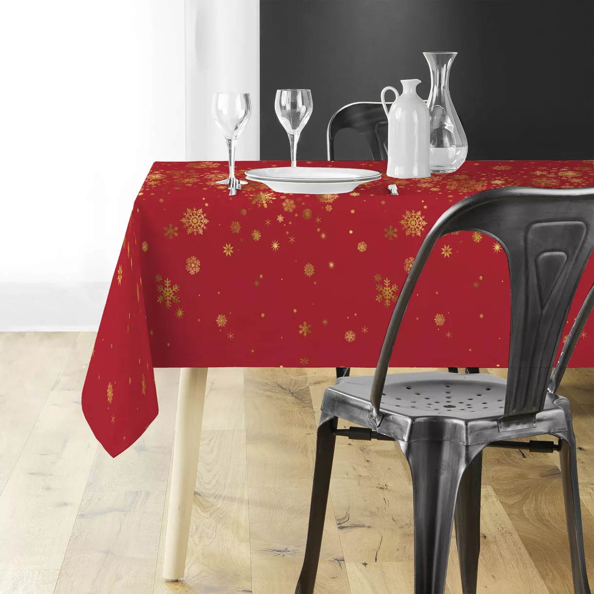 NAPPE RECTANGLE 150 x 240 CM POLYESTER IMPRIME METALLISE CONSTELLATION ROUGE/OR