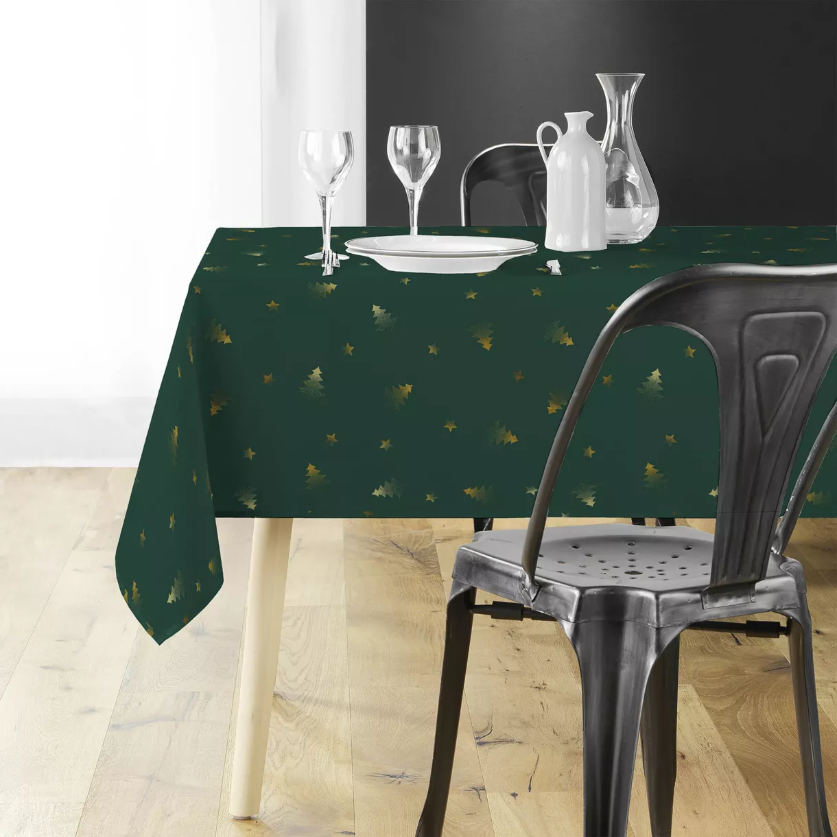 NAPPE RECTANGLE 150 x 300 CM POLYESTER IMPRIME METALLISE SAPIN VERT/OR