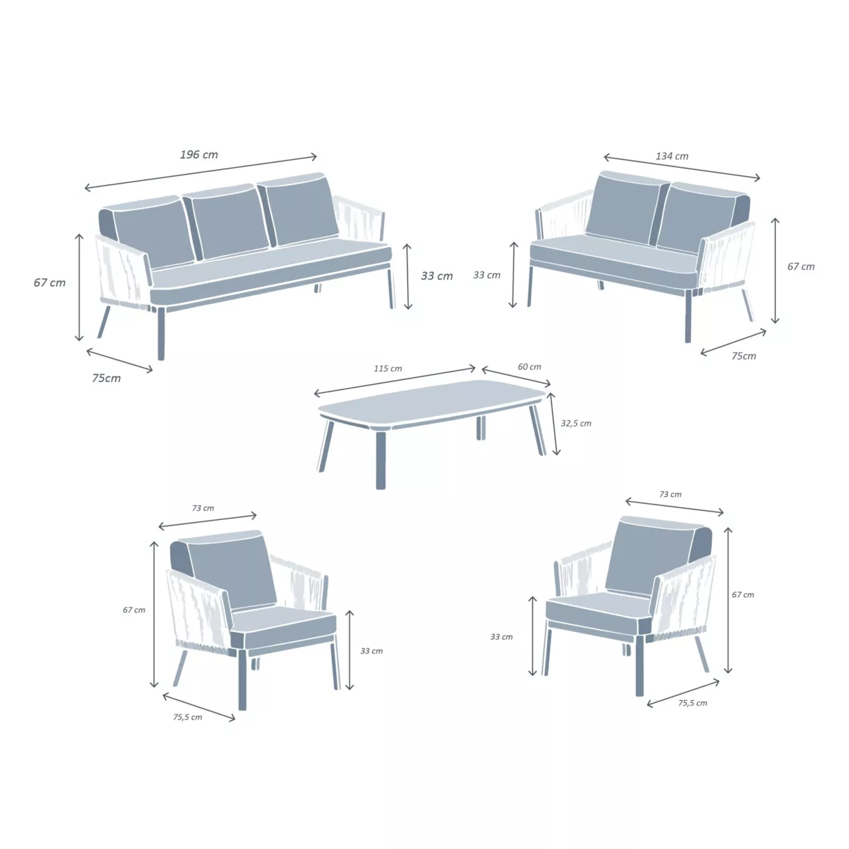Conjunto de jardín en aluminio 7 plazas - 5 piezas Amalfi Gris antracita