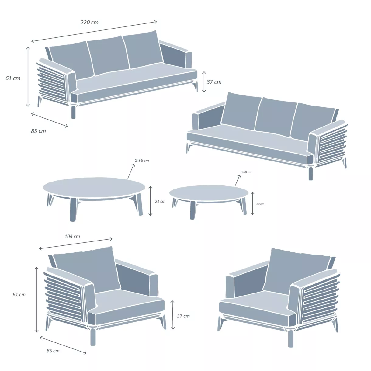 Conjunto de jardín de aluminio 8 plazas 6 piezas Monte Carlo Blanco y beige