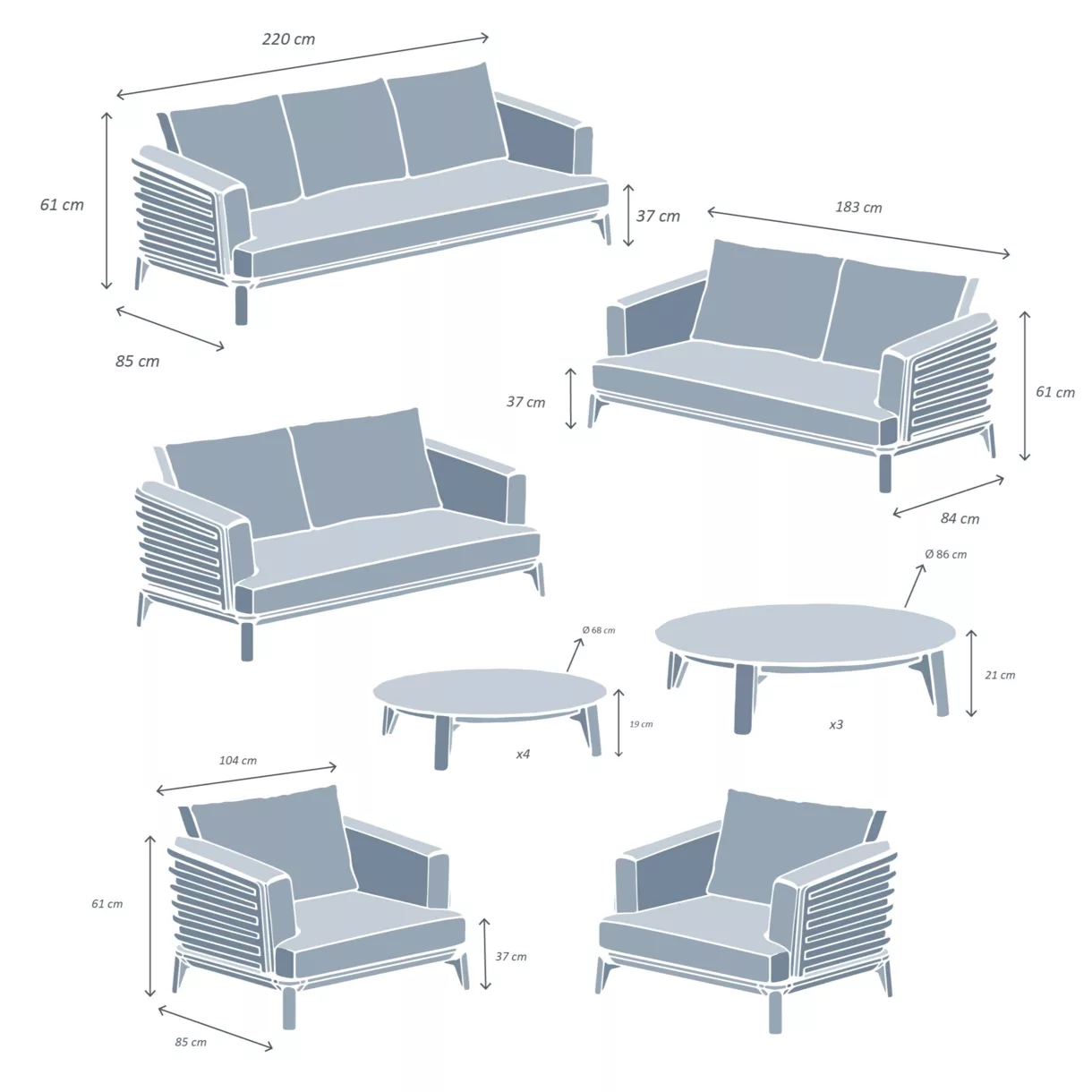 Conjunto de jardín de aluminio 9 plazas 12 piezas Monte Carlo Blanco y gris claro