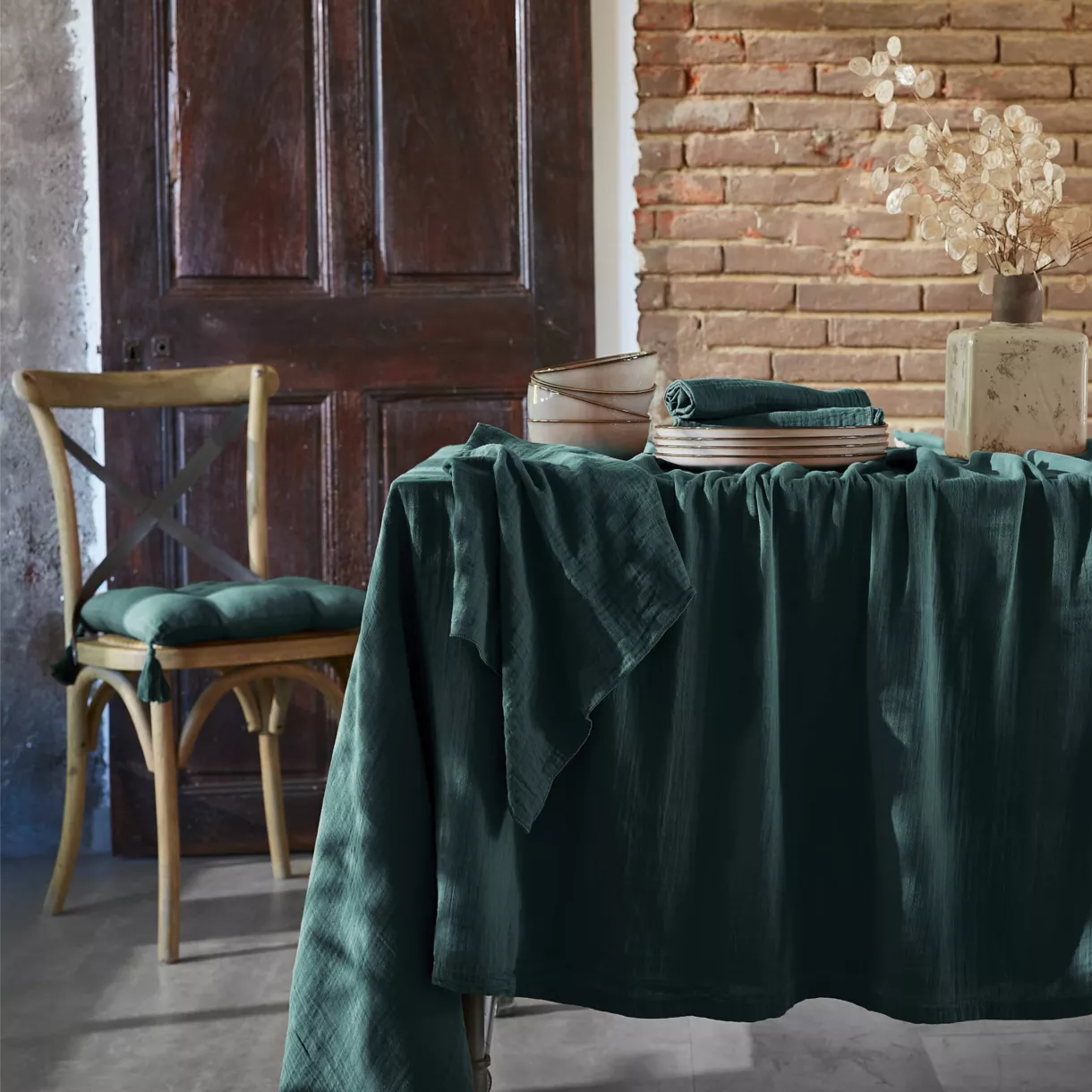 Nappe rectangulaire gaze de coton (150 x 350 cm) Gaïa Vert Sapin