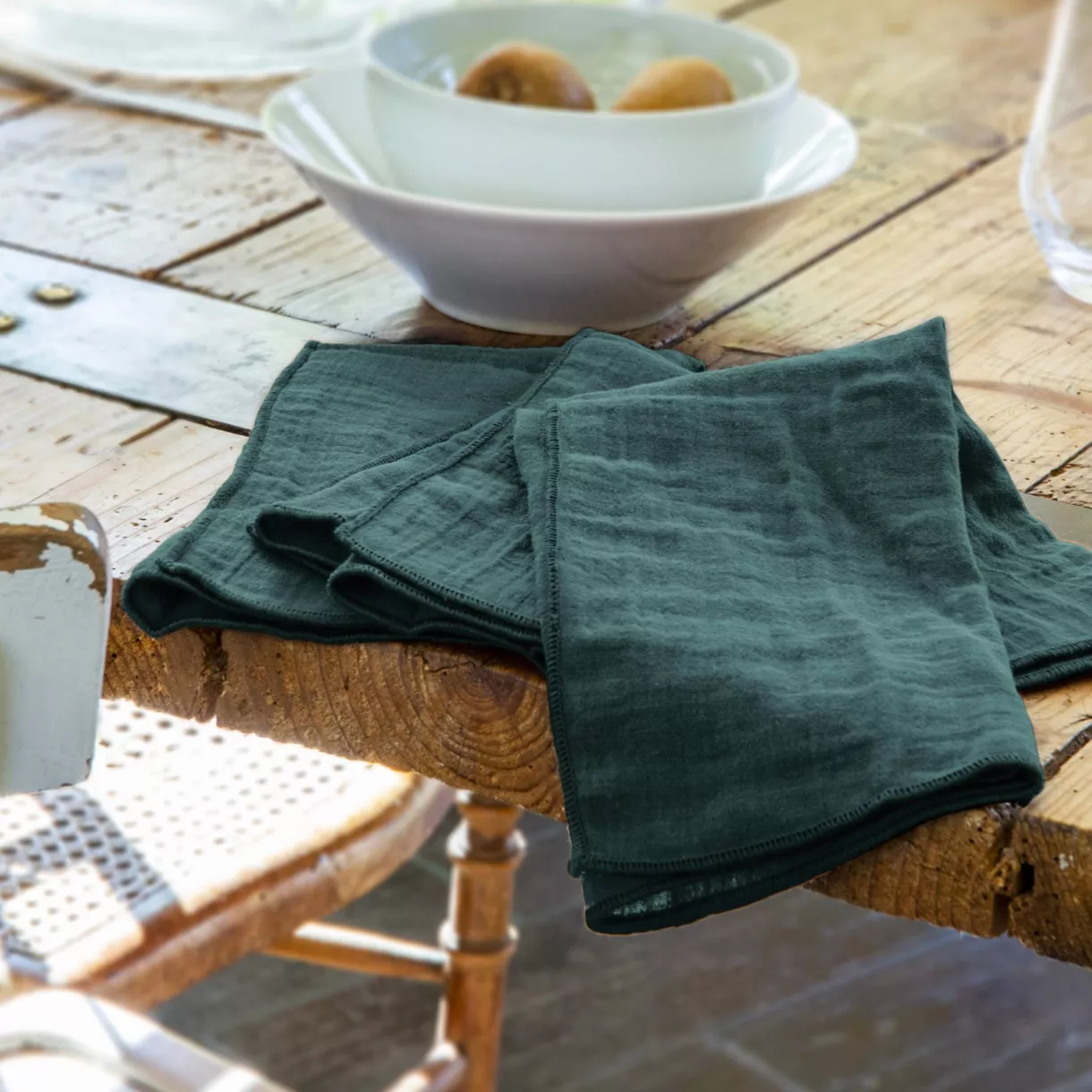 Lot de 3 serviettes de table gaze de coton (40 x 40 cm) Gaïa Vert sapin