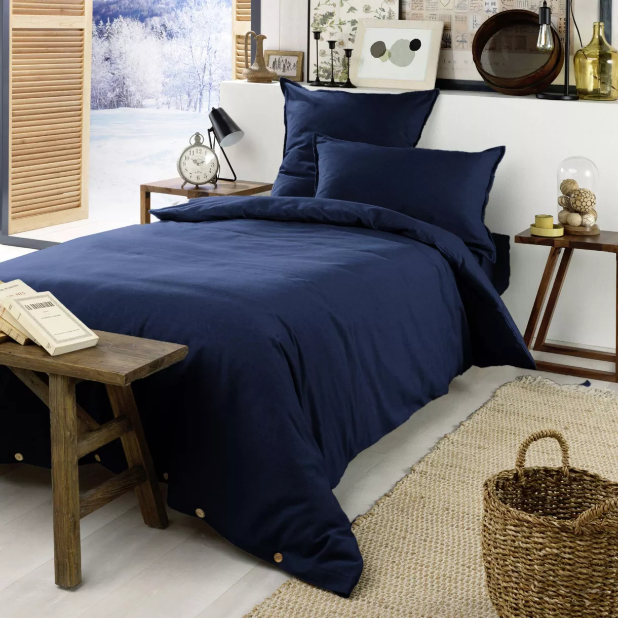 Housse de couette flanelle de coton (140 x 200 cm) Nina Bleu nuit