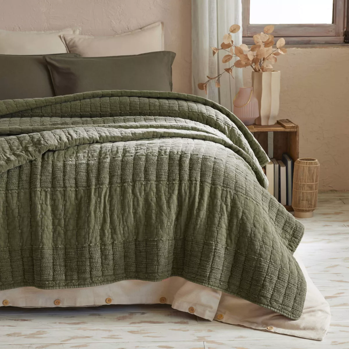 Colcha de algodón acolchada (240 x 260 cm) Lena Verde romero