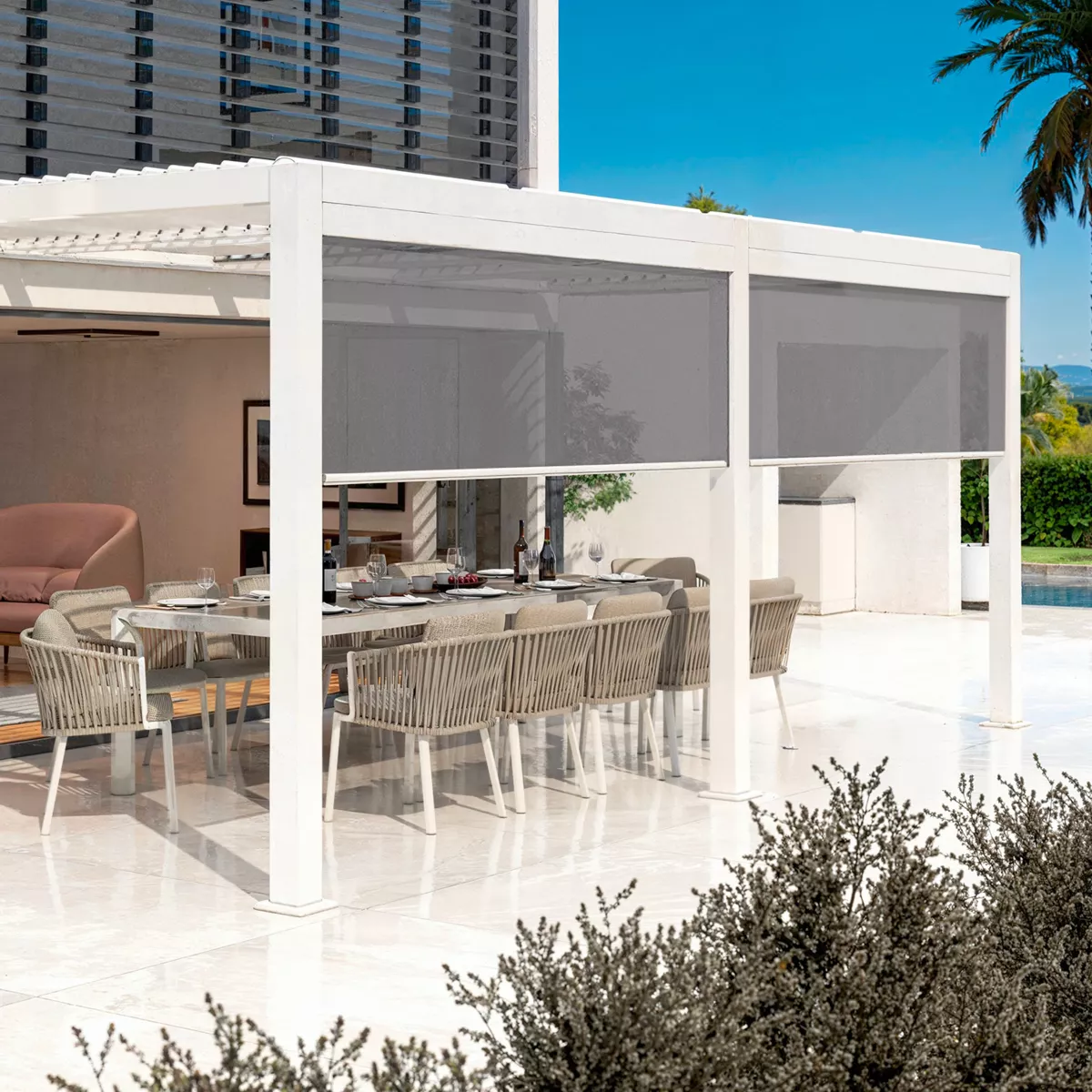 Lot de 2 rideaux motorisés pour pergola bioclimatique adossée (3 x 6 m) Blanc et gris