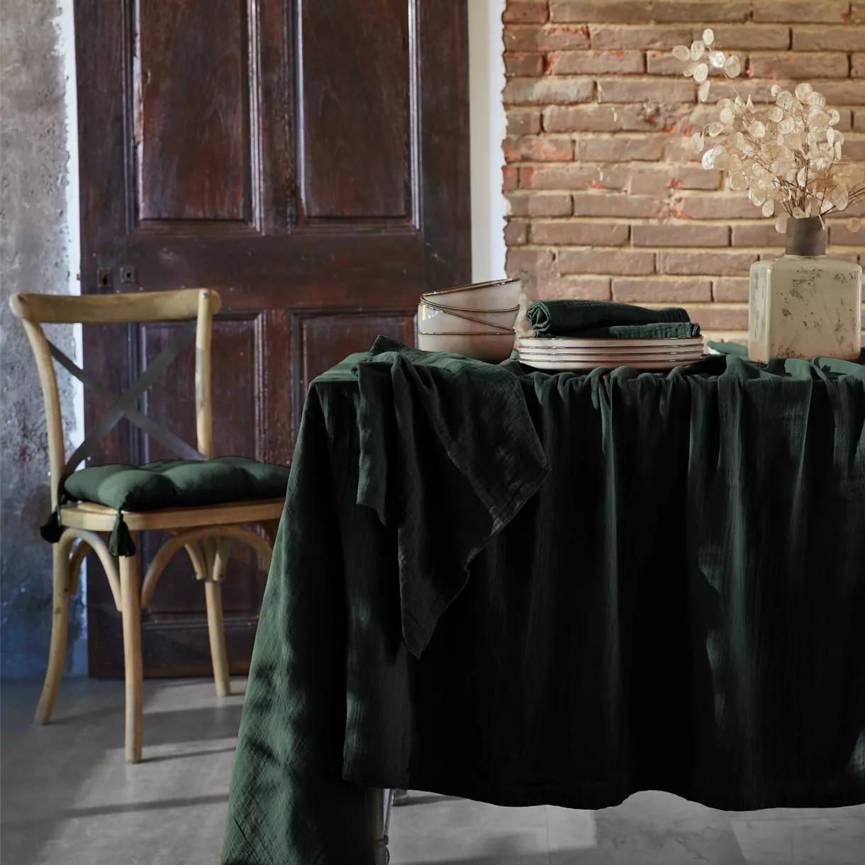 Rechteckige Tischdecke aus Baumwollgaze (150 x 350 cm) Gaïa Tannengrün