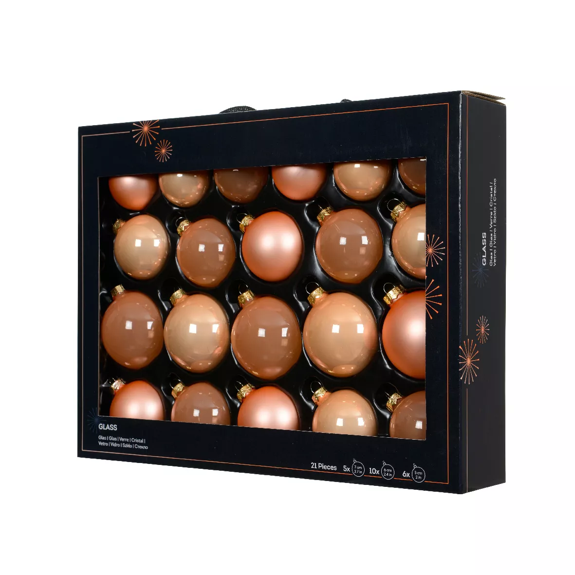 Lot de 21 boules de Noël en verre (D60 à 75 mm) Assorties Cristal Pêche