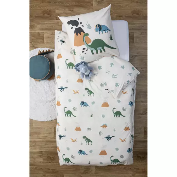 Housse de couette et une taie enfant coton (140 cm) Dino Verte
