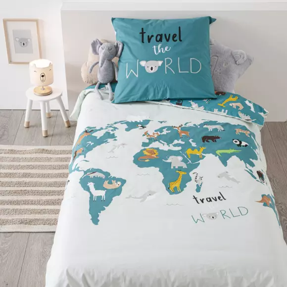 Funda nórdica y una funda de almohadón algodón  (140 cm) Mapa del Mundo Azul 2