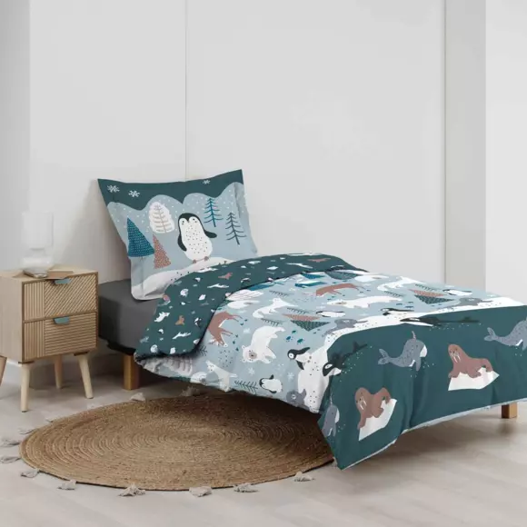 Housse de couette et une taie enfant coton (140 cm) Banquise Bleue 3