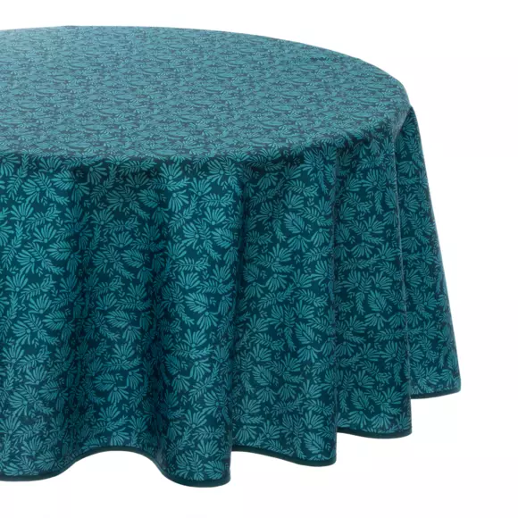 Mantel redondo  anti mancha (D180 cm) Hojas Azul trullo 2