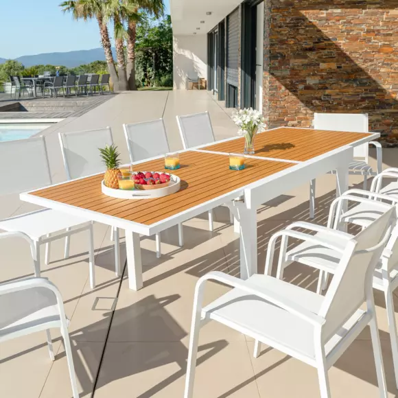 Mesa de jardín extensible 10 personas Aluminio efecto madera Murano (270 x 90 cm) - Blanca 2
