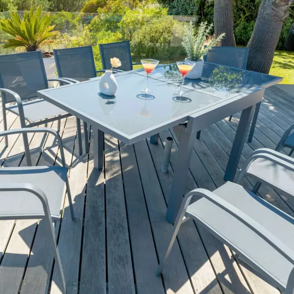 Tuintafel Murano uitschuifbaar met glasplaat, 8 personen  (180 x 90 cm) - Leigrijs 2