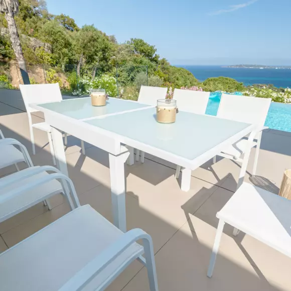Mesa de jardín de vidrio extensible Murano (Hasta 8 pers.) - Blanco 2