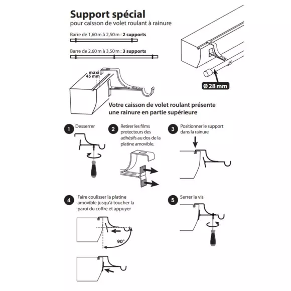Support à tringle pour caisson de volet roulant (L135 / D28 mm) Blanc satiné 3