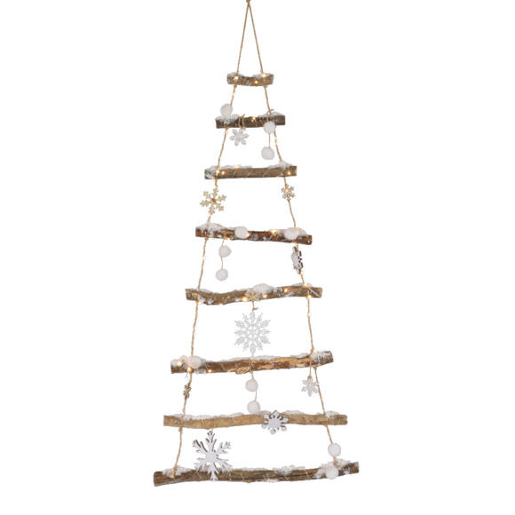 Kerstboom van hout met sneeuw en sneeuwvlokken (batterij) hangdecoratie Warm wit 2