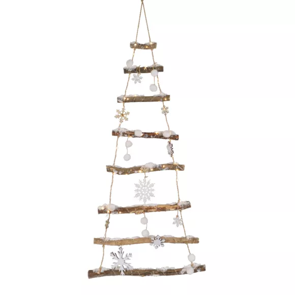 Abete in legno ramo illuminato Neve e fiocchi di neve a pile Bianco caldo