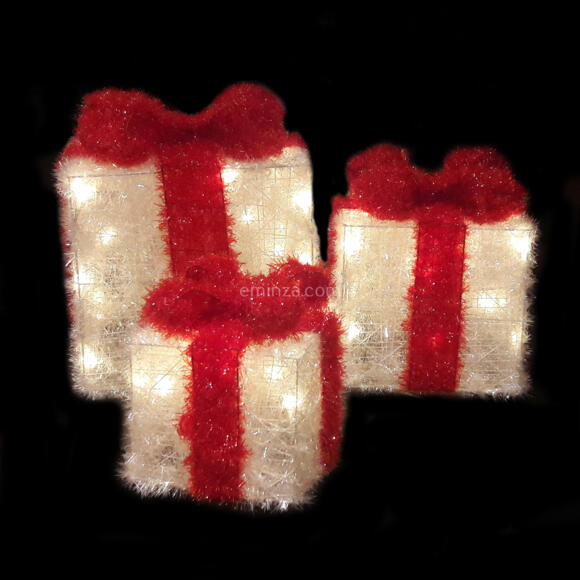 Set di 3 pacchi regalo nastro rosso a pile con luci Bianco caldo 65 LED 3