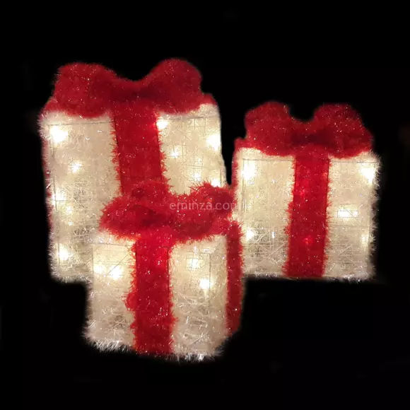 Juego de 3 regalos de pilas con cinta roja	 con luz Blanco cálido 65 LED 3