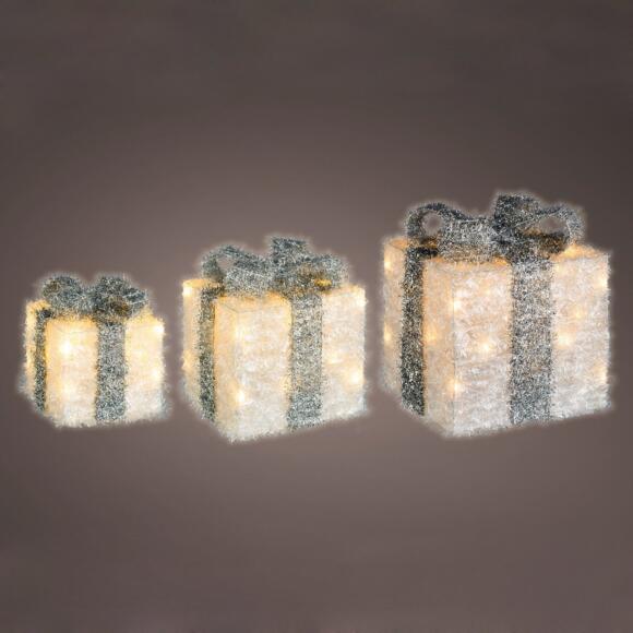 Set di 3 pacchi regalo nastro grigio a pile con luci Bianco caldo 65 LED 3