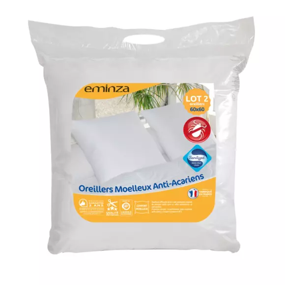 Lote de 2 almohadas cuadradas (60 cm) Anti-ácaros blanco 3