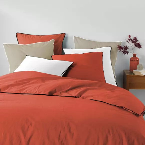 Housse de couette et deux taies coton lavé (240 cm) Linette Terracotta 2