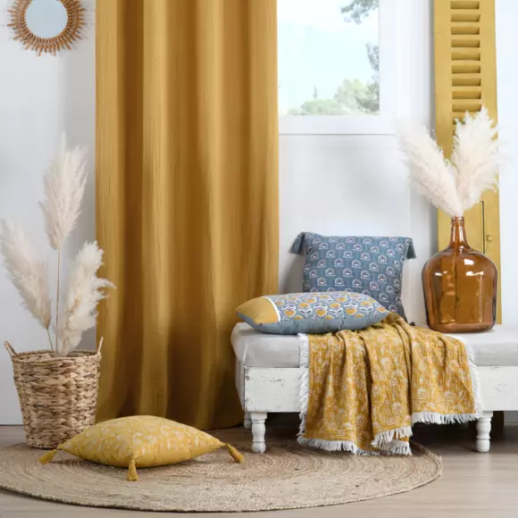 Coussin carré gaze de coton (40 cm) Sunda Jaune moutarde