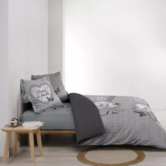 Housse de couette et deux taies coton (240 cm) Family Home Grise 3