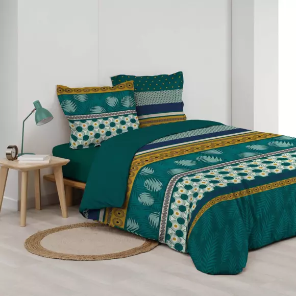 Housse de couette et deux taies coton (240 cm) Lauralys Verte 2