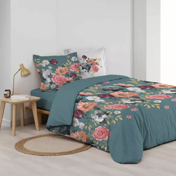 Housse de couette et deux taies coton (260 cm) Rosalita Bleue 2