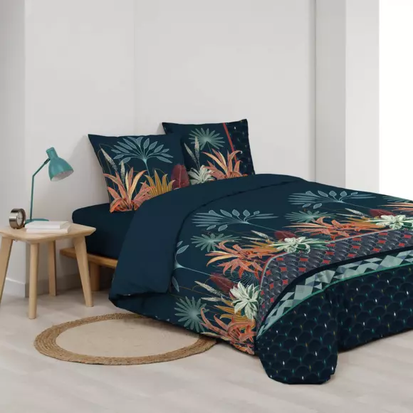 Housse de couette et deux taies coton (240 cm) Floriana Bleue 3