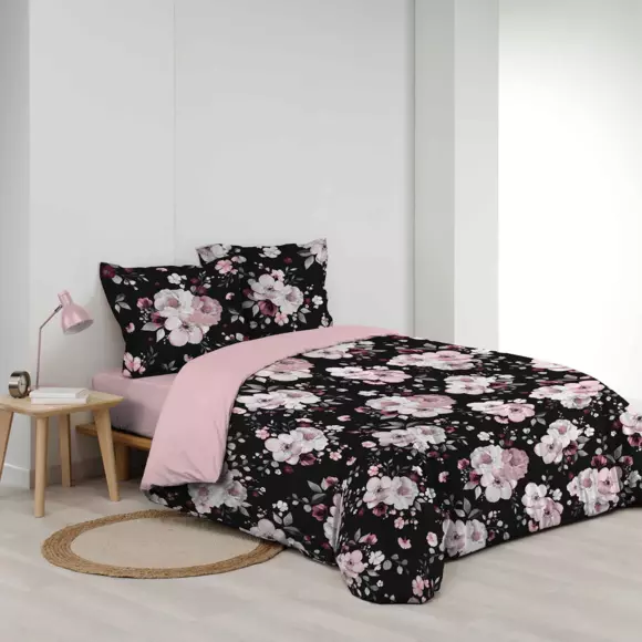 Housse de couette et deux taies percale de coton (240 cm) Velvet Flower Noire 2