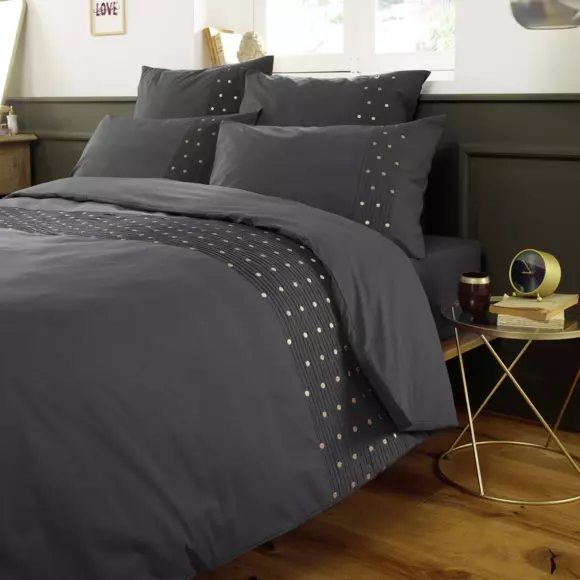 Taie d'oreiller rectangulaire brodée coton (70 cm) Agathe Gris anthracite 3