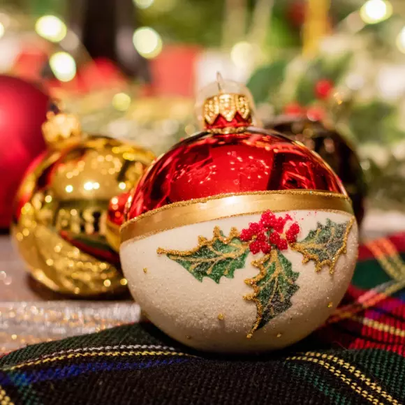 Lote de 6 bolas de Navidad en vidrio (D80 mm) Acebo Rojo  2
